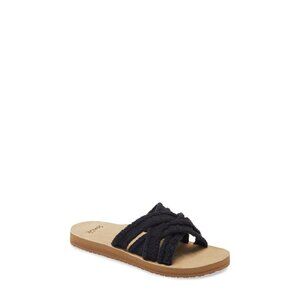 Sanuk Fraidy Slide Sandals Womens 6 Black/Tan Slip On Foam Sole Suede Footbed
